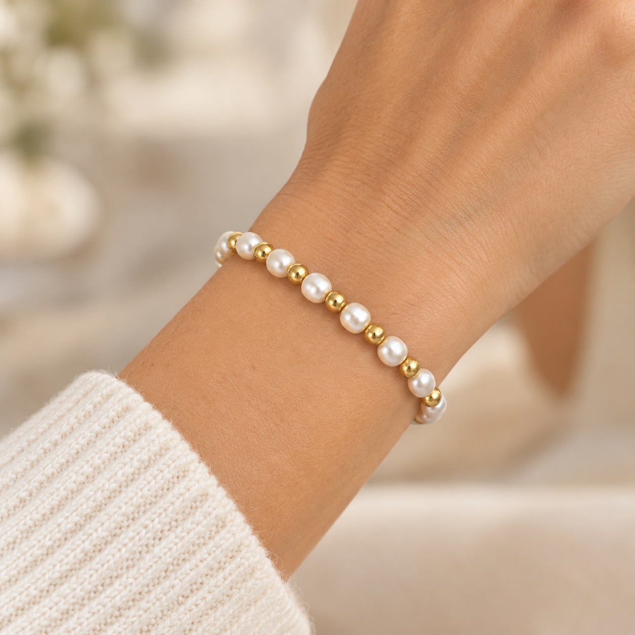 7.0" 5.5mm White Pearl and 5.0mm Bead Stretchy Bracelet